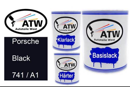 Porsche, Black, 741 / A1: 1L Lackdose + 1L Klarlack + 500ml Härter - Set, von ATW Autoteile West.